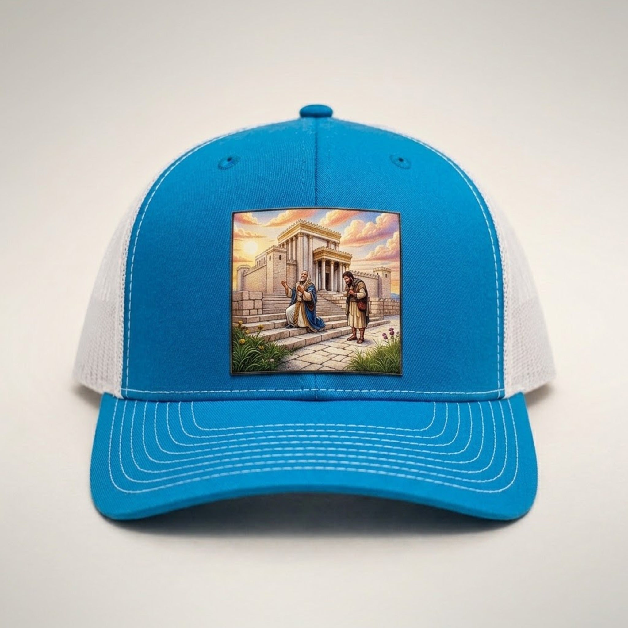 Compared trucker hat in blue and white, front view, patch of two men praying on the temple steps