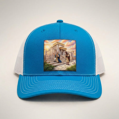 Compared trucker hat in blue and white, front view, patch of two men praying on the temple steps