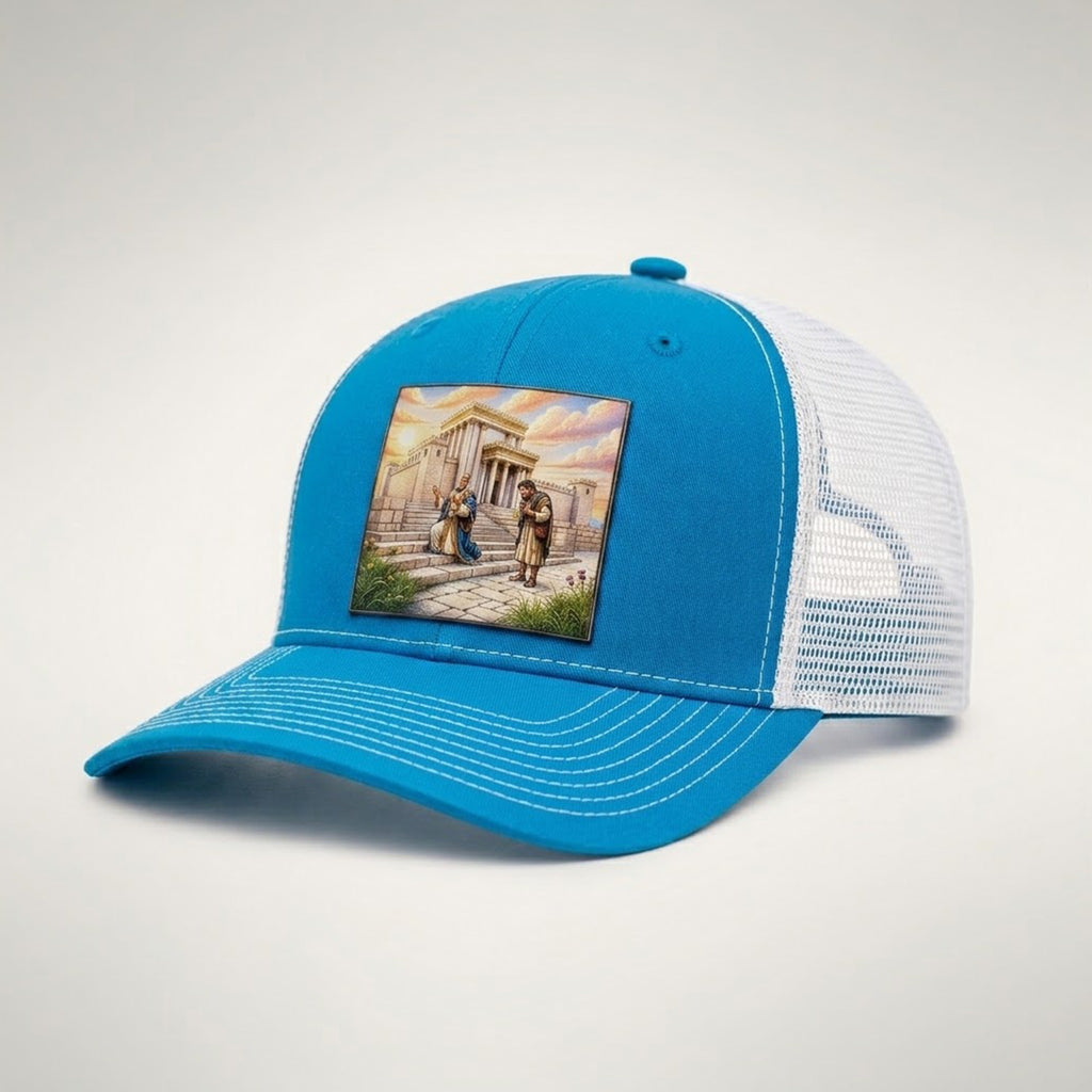 Compared trucker hat in blue and white, side view showing the white mesh back and blue pre-curved bill
