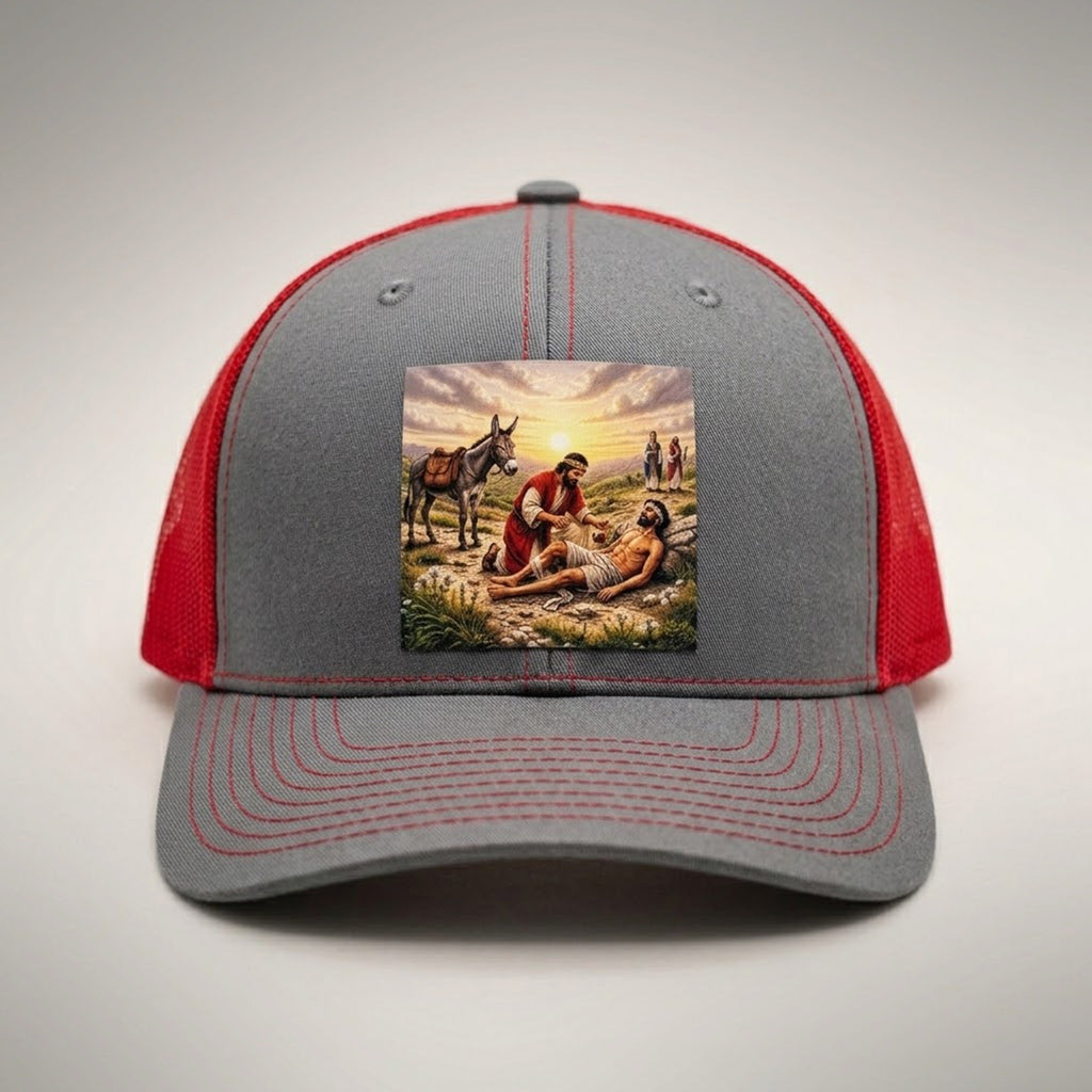 Good Samaritan trucker hat in grey and red, front view, patch of the Samaritan tending the injured traveller