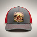 Good Samaritan trucker hat in grey and red, front view, patch of the Samaritan tending the injured traveller
