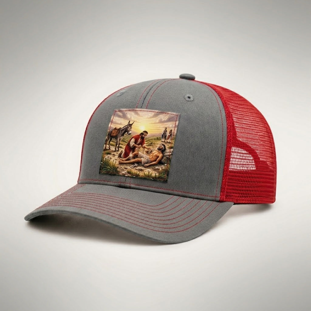 Good Samaritan trucker hat in grey and red, side view showing the red mesh back and grey pre-curved bill