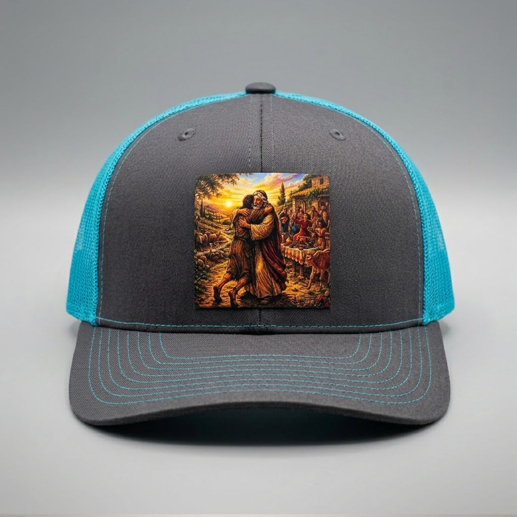 Prodigal Son trucker hat in charcoal and turquoise, front view, patch of a father embracing his returning son at sunset