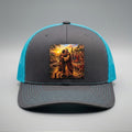 Prodigal Son trucker hat in charcoal and turquoise, front view, patch of a father embracing his returning son at sunset