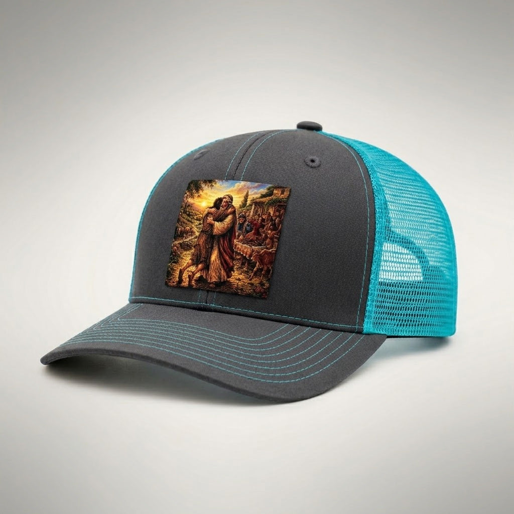 Prodigal Son trucker hat in charcoal and turquoise, side view showing the turquoise mesh back and charcoal pre-curved bill