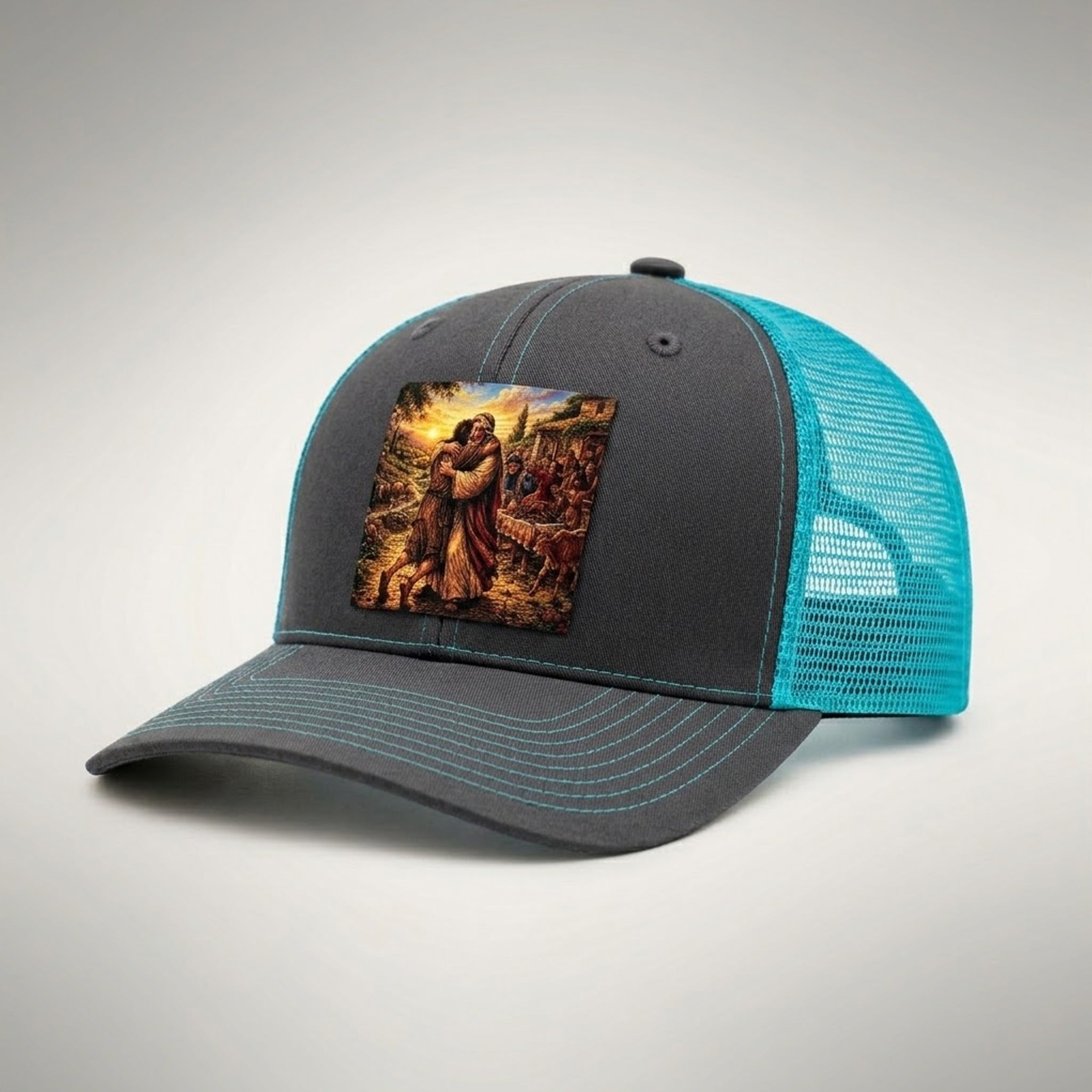 Prodigal Son trucker hat in charcoal and turquoise, side view showing the turquoise mesh back and charcoal pre-curved bill