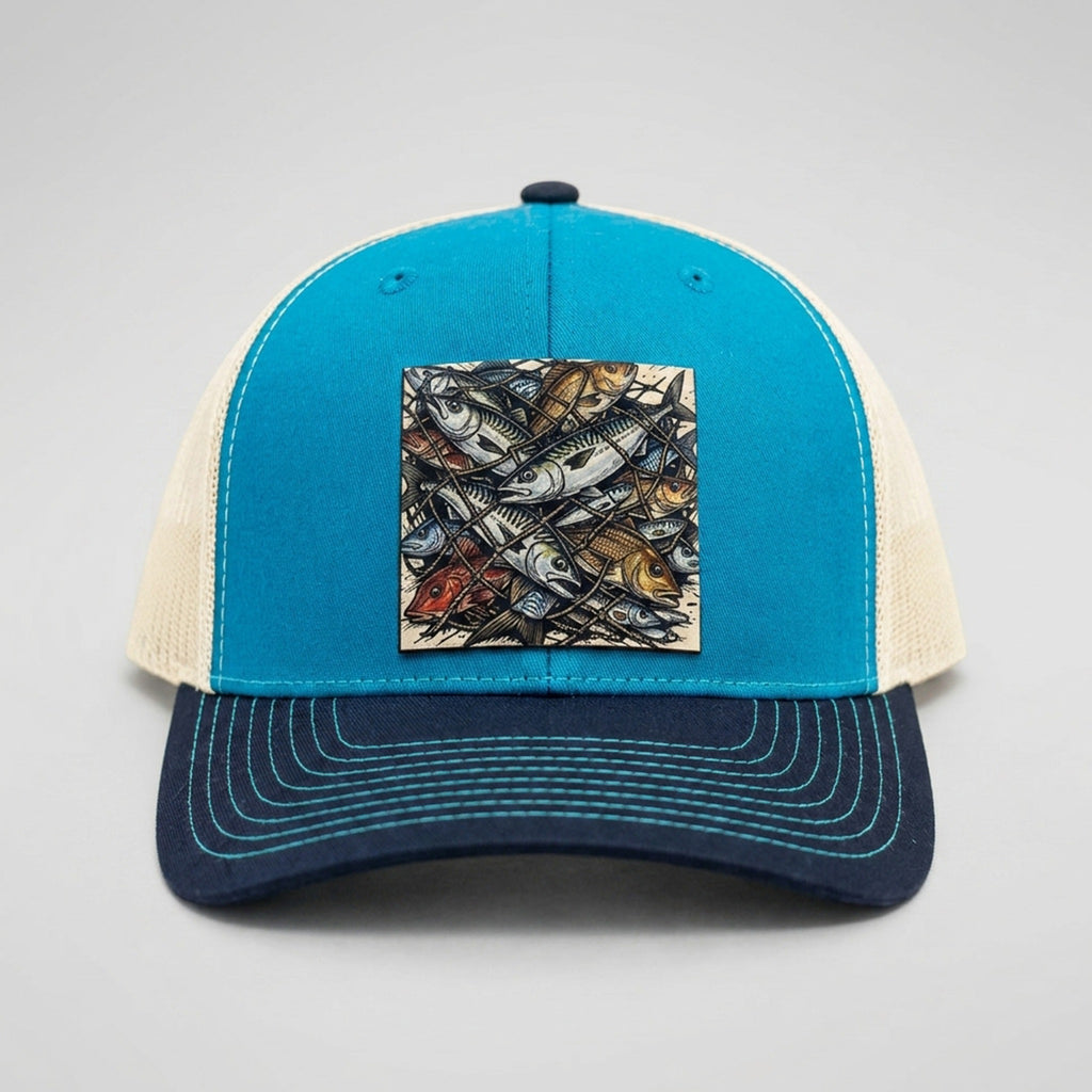 Sorted trucker hat in teal and navy, front view, patch of a full fishing net holding fish of every kind