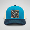 Sorted trucker hat in teal and navy, front view, patch of a full fishing net holding fish of every kind