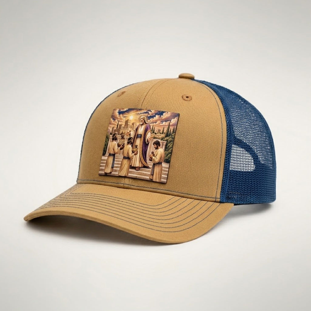 Talents trucker hat in gold and royal blue, side view showing the royal blue mesh back and gold pre-curved bill