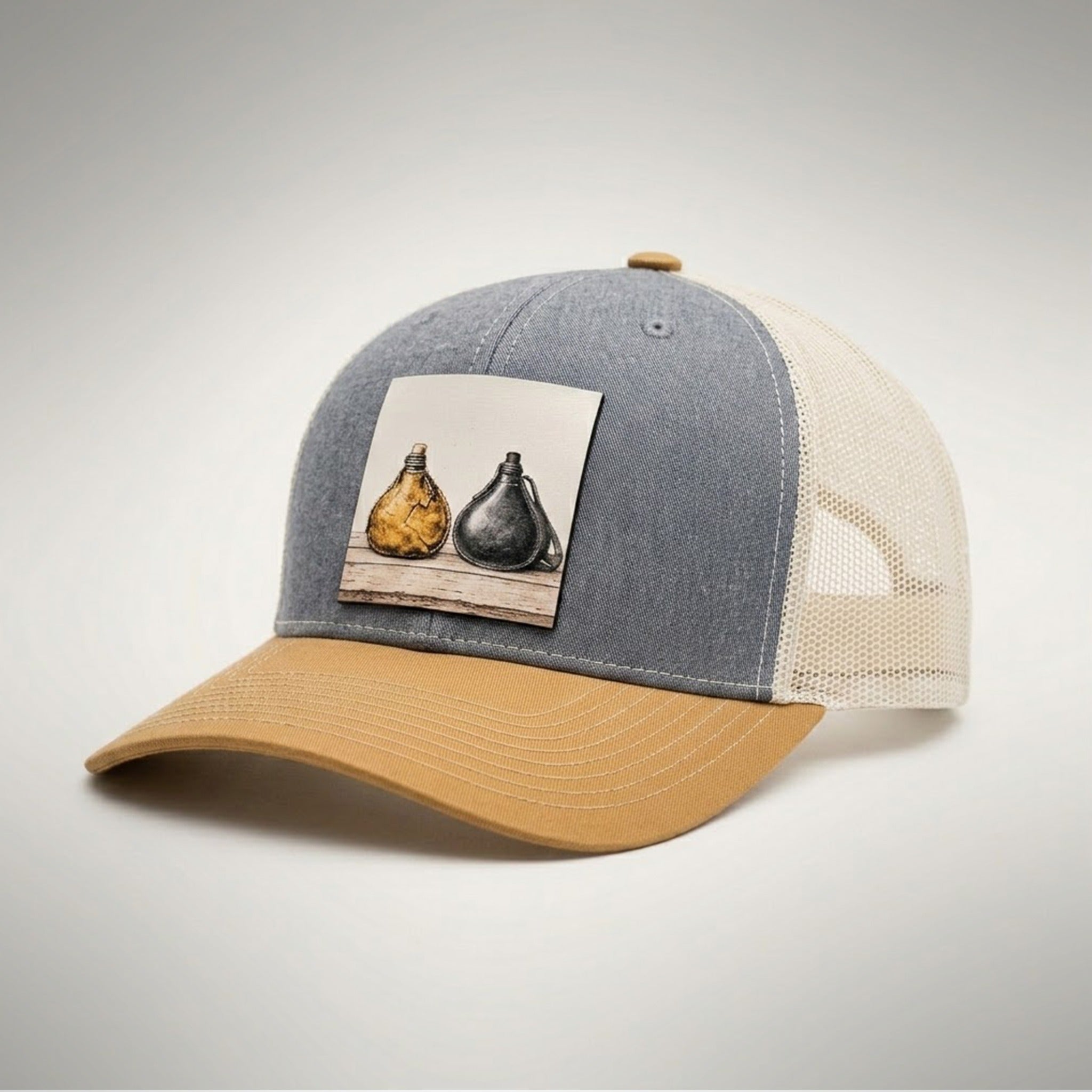 Wineskins trucker hat in heather grey and biscuit, side view showing the birch mesh back and biscuit pre-curved bill